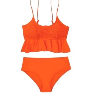 Orange Smocked Bikini Womens Babydoll 2 Piece Swimsuit Ruffle Neon Sz Small NEW